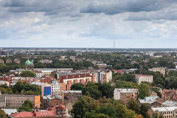 Aerial panorama of the center of riga, residential buildings and the old town of the city in background. Riga is the capital city of Latvia.