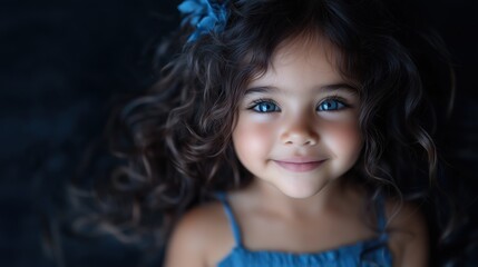 Fototapeta premium Close-up portrait of a young girl with curly hair and blue eyes, wearing a blue dress, smiling softly.