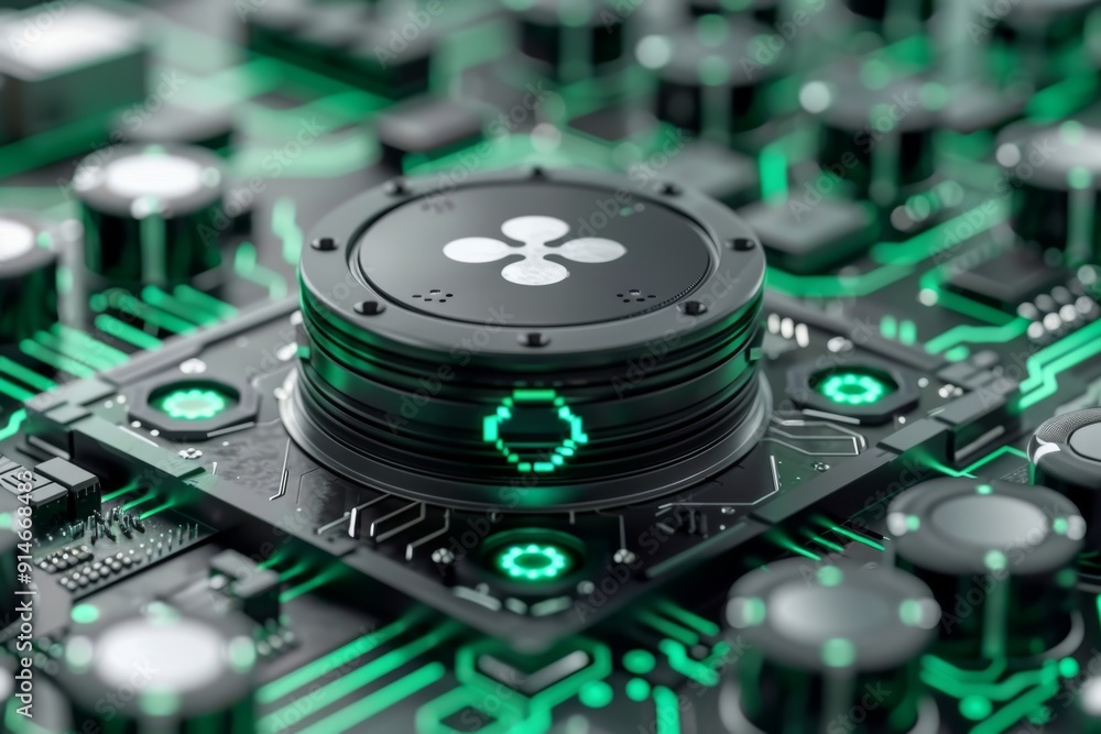 Poster intricate circuit board with glowing green data paths depicting high tech electronics and connectivi
