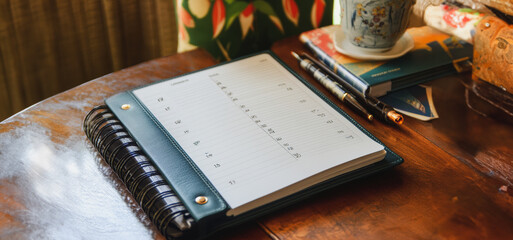 A Functional Desk Setup Featuring a Planner, Pens, and a Cup of Tea on a Sunny Afternoon