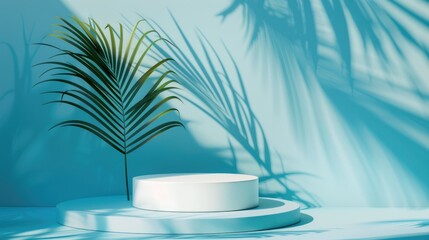 Obraz premium Simple white podium with palm leaf shadow on blue background