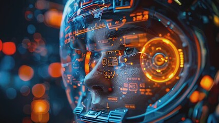A close up view of an astronaut's helmet with glowing digital interfaces and reflections during a space mission. Abstract tech background video - Powered by Adobe