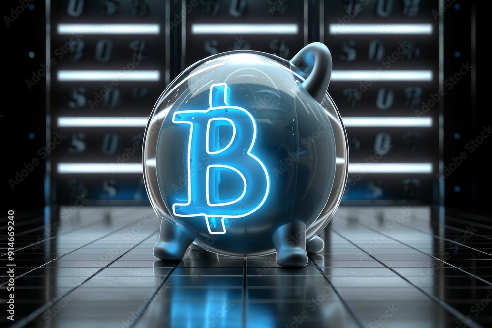 Poster bitcoin symbol in a secure vault illustrating the intersection of cryptocurrency and traditional ban