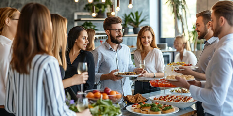 Group of People Socializing at a Buffet Table.