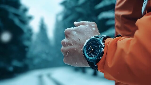 A young adult of indeterminate ethnicity, wearing an orange jacket in a snowy forest, checks the time on their black smartwatch. Snow gently falls around them in this winter scene.