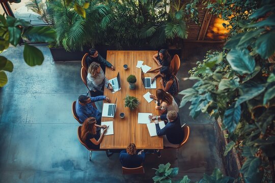 Collaborative Team Meeting in a Modern Workspace Surrounded by Lush Greenery During Afternoon Hours