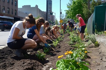 Community Volunteers Cultivating a Vibrant Urban Garden on a Sunny Day