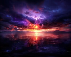 Obraz premium Atmospheric event with a dramatic sunset and storm clouds, creating a visually striking scene, Realism, Dark hues, Digital painting