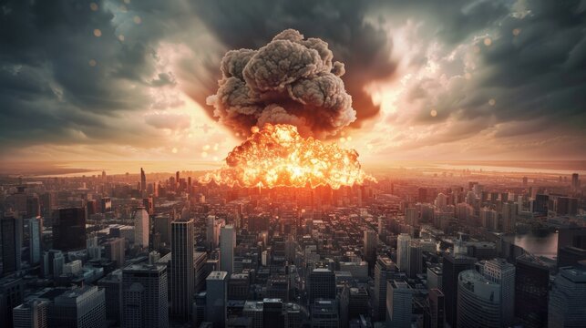 A massive mushroom cloud rises over a city skyline, engulfing the buildings in flames and smoke.  The apocalyptic scene evokes fear and destruction.