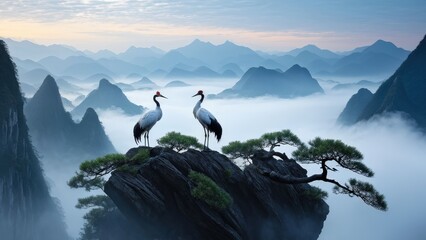 A serene landscape featuring two cranes standing on a rocky outcrop, gazing at each other.