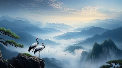 Fototapeta premium A serene landscape featuring two cranes standing on a rocky outcrop, gazing at each other.
