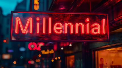 Fototapeta premium A neon sign labeled Millennial illuminates the nightlife in an urban area, highlighting a trendy, youthful vibe in the evening hours