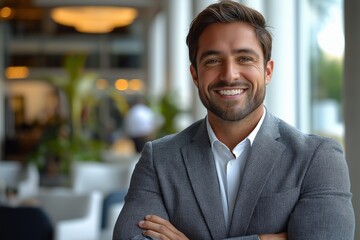 portrait of Handsome smiling young successful businessman consultant looking at camera and smiling  with folded arms inside modern office. generative ai 