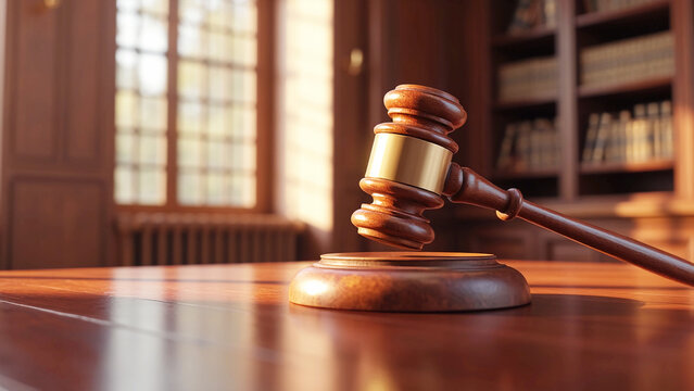 wooden gavel  interior Empty courtroom advertisement template, space for text, law jury judgment final concept with soft blurred advertisement banner, copyspace,AI - Powered by Adobe