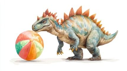 Fototapeta premium Whimsical watercolor depicting a playful stegosaurus dinosaur interacting with a colorful beach ball against a clean white background evoking a sense of joy and imagination