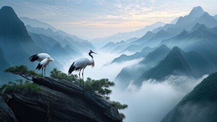 Fototapeta premium A serene landscape featuring two cranes standing on a rocky outcrop, gazing at each other.