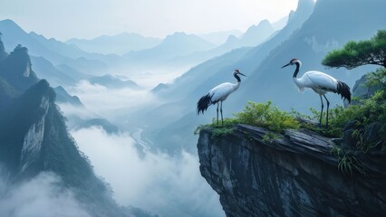A serene landscape featuring two cranes standing on a rocky outcrop, gazing at each other.