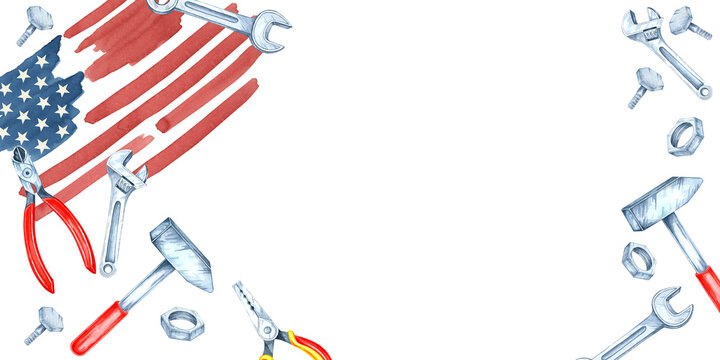Labor Day banner with American flag and variety of tools including wrenches, pliers, and hammers scattered around it. Watercolor clipart ideal for use in flyers, social media and promotional designs - Powered by Adobe