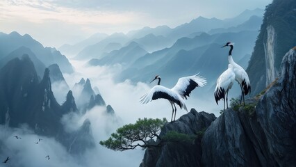 A serene landscape featuring two cranes standing on a rocky outcrop, gazing at each other.