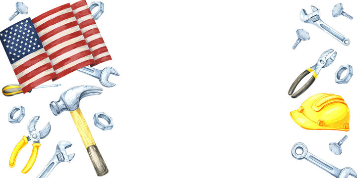 Labor Day watercolor clipart with American flag along with tools such as a hammer, wrench, and yellow safety helmet. The banner is offering space for text in flyers, and promotional materials - Powered by Adobe