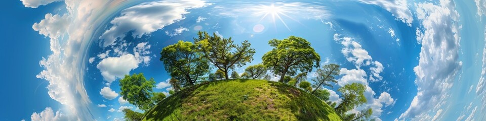 360 degree view of a verdant miniature world with trees fluffy white clouds and a gentle blue sky Tiny park planet captured in a spherical image format Planet Earth displayed in full panora