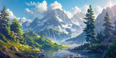 Colorful Cartoon Forest and Mountain Background Design
