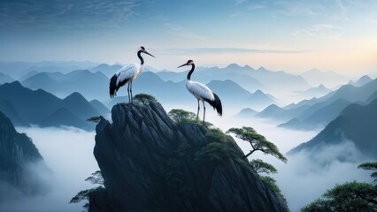 A serene landscape featuring two cranes standing on a rocky outcrop, gazing at each other.