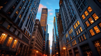 Financial hub with a mix of old and new architecture, illustrating the evolution of economic centers, Realism, Cool tones, Photography