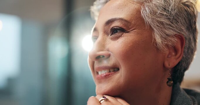 Senior woman, memory and smile at nursing home in retirement with thinking and nostalgia. Happy, remember and relax elderly patient with idea and thoughtful daydream of past history with hope