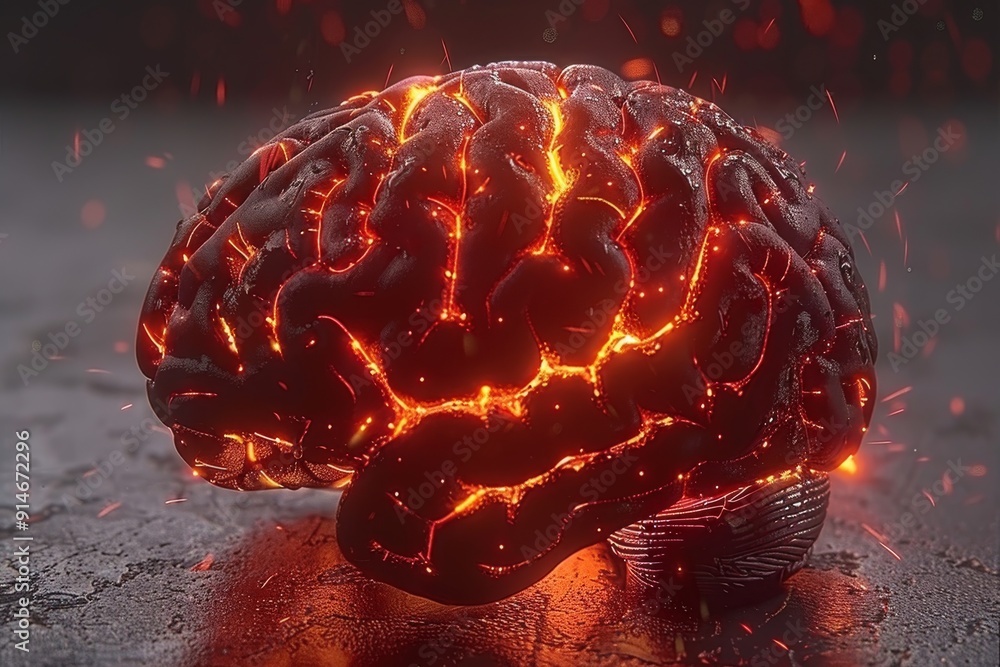 Poster animated brain with electrical activity symbolizing mental energy and cognitive processes