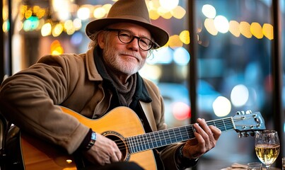 Obraz premium 70-Year-Old Man Playing Guitar by the Fire in a Wine Cellar, Nighttime, with a View of the Night Street