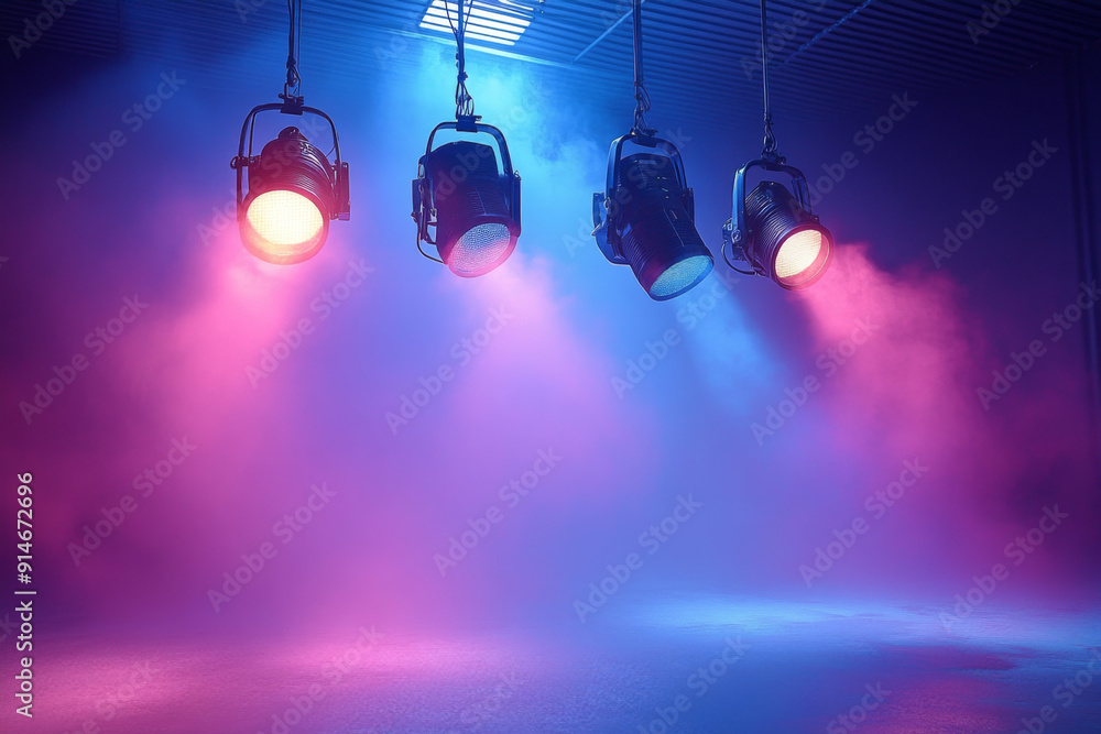 Poster photo of a studio with four spotlights hanging from the ceiling, casting light on an empty white bac
