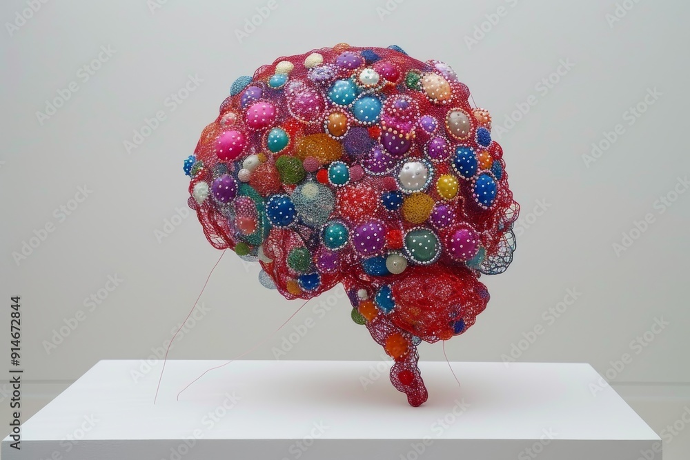 Poster creative brain made of colorful buttons and wires symbolizes diversity in thinking