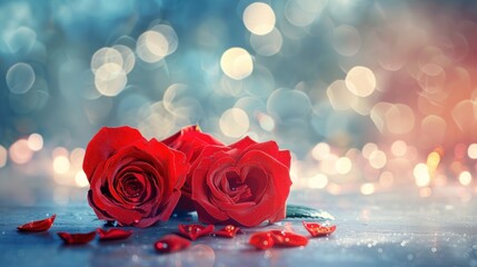 Red Roses with Heart Shape and Blurred Lights Background