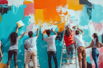 Group Of Young Artists Creating Colorful Mural On Urban Wall In Summer