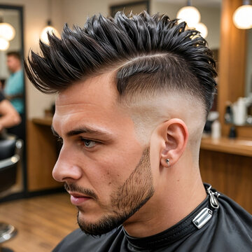 Close-up hombre con el pelo reci&eacute;n cortado y peinado con una cresta en una peluquer&iacute;a de caballeros 