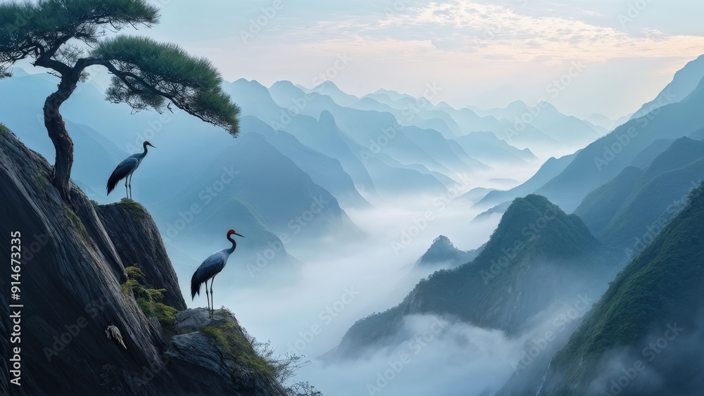 Wall mural A serene landscape featuring two cranes standing on a rocky outcrop, gazing at each other.