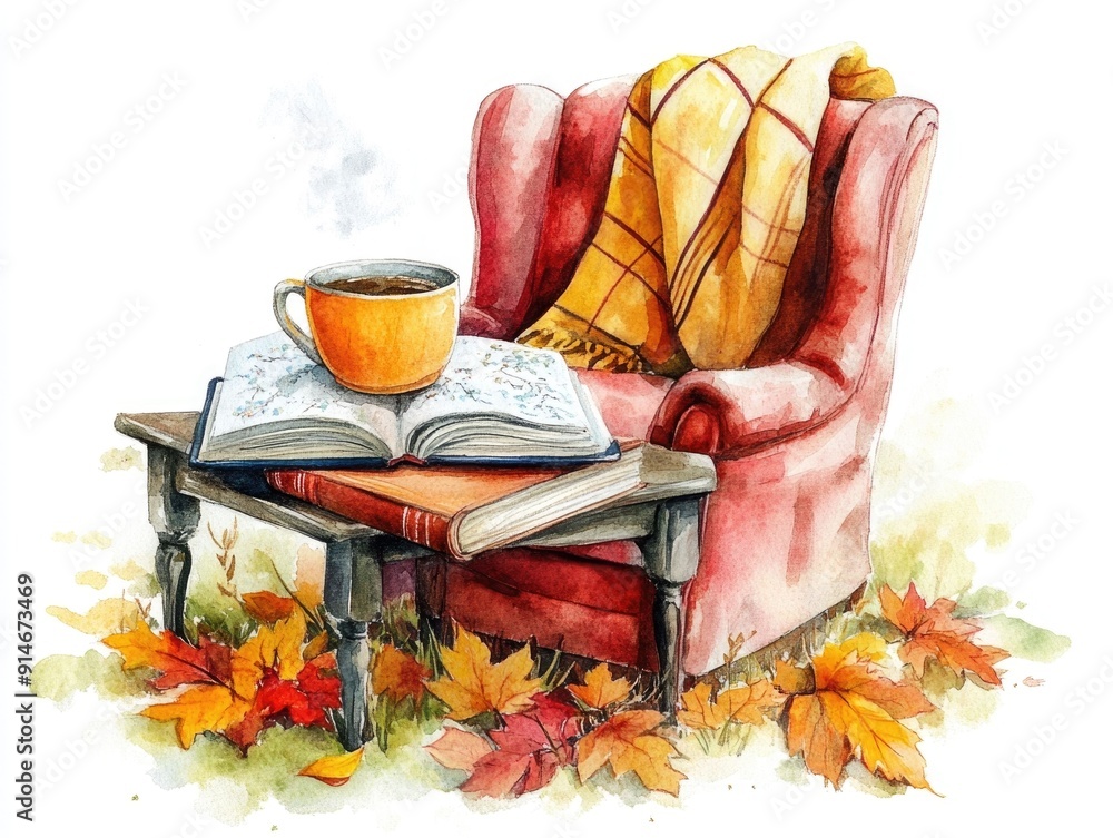 Poster a cozy and serene autumn watercolor depicting a relaxing scene with a cup of hot tea and an open boo