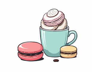 Coffee mug and macaroon isolated on white. Doodle style