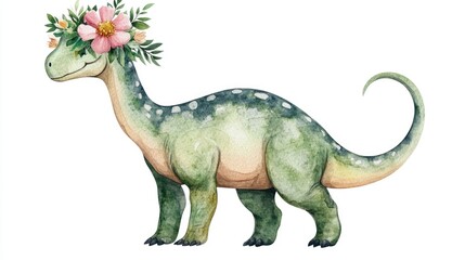 Naklejka premium Playful Brontosaurus with Flower Crown Watercolor of Cute and Adorable Dinosaur in Whimsical Floral Design against White Background Vintage Inspired Imaginative and Cheerful Animal Art