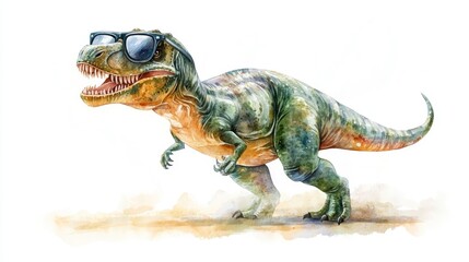 Playful and Whimsical Watercolor of a T Rex Dinosaur Wearing Stylish Sunglasses Isolated on a Clean White Background  Vibrant Colorful and Unique Digital Art Depicting a Quirky Humorous