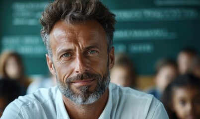 Fototapeta premium Handsome 45-Year-Old Math Teacher in a White Shirt, Sitting Behind a Classroom Board