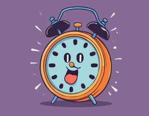 Cute ringing alarm clock, morning wake up time icon. Funny watch timer cartoon character jump awake from night sleep rest. Early loud sound alert, start day. Timepiece dial face with hour hand. Vector