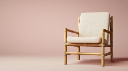 Stylish bamboo chair with soft cream cushion against a pastel pink background, perfect for modern interior designs.