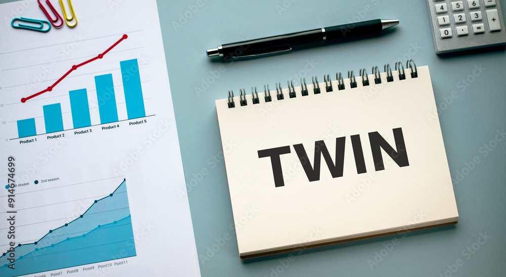 Poster there is notebook with the word twin. it is as an eye-catching image.