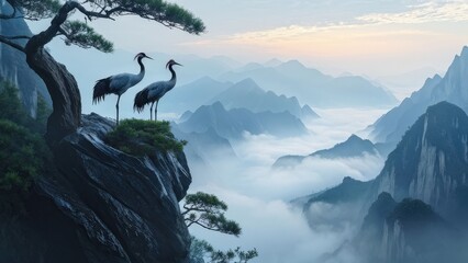 A serene landscape featuring two cranes standing on a rocky outcrop, gazing at each other.