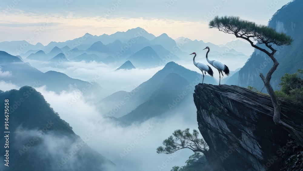 Wall mural A serene landscape featuring two cranes standing on a rocky outcrop, gazing at each other.