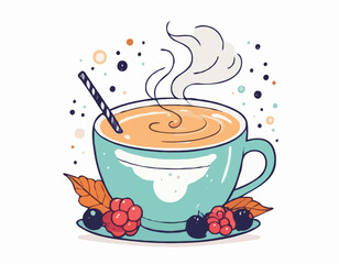 Cutee isolated Autumn Winter handdrawn illustration with cup of drink, steam and berries
