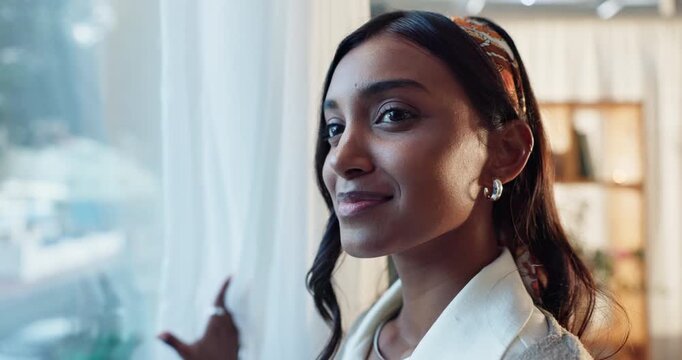Open curtain, thinking and woman in house, ideas and view with decision, thoughts and wonder in lounge. Window, happy person ir girl with choice, planning and daydreaming for future and start the day