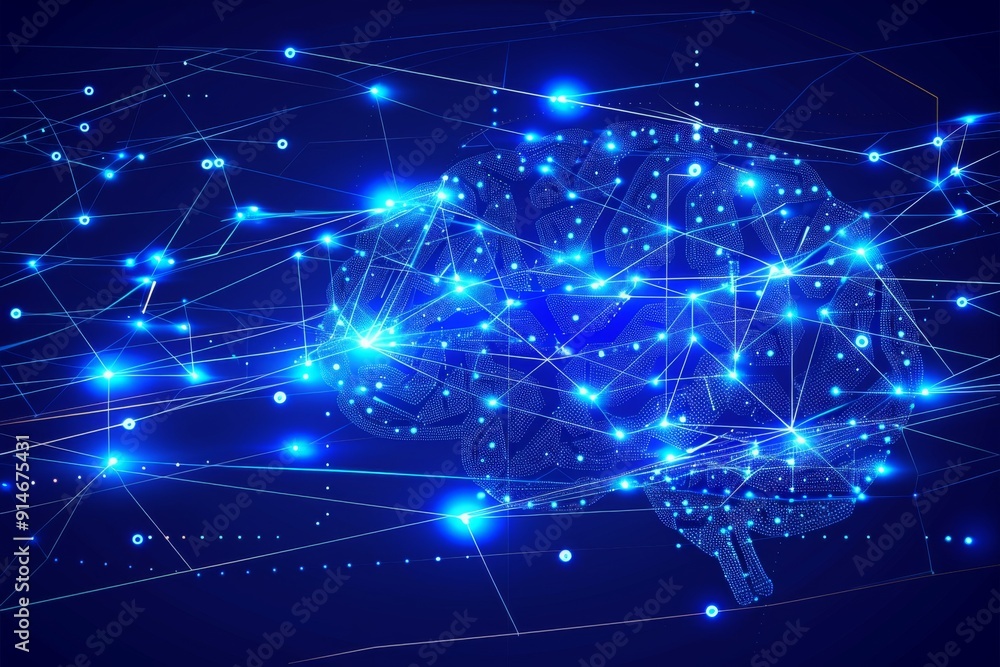 Poster blue glowing neural network in space depicting advanced technological connections and futuristic con